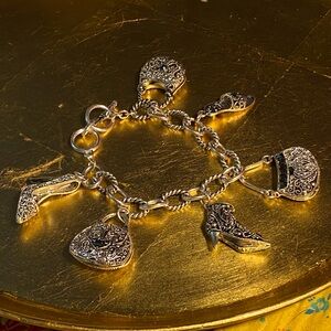 Lovely VTG silver/marcasite charm bracelet,filigree Victorian shoe & bag charms